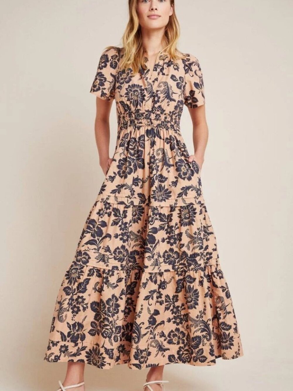 By Anthropologie Size M Tan & Navy Floral Somerset Maxi Dress